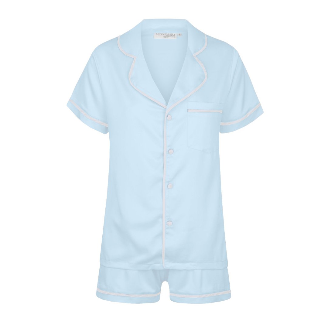 Kids Satin Personalised Pyjama Set - Short Sleeve Pastel Blue/White