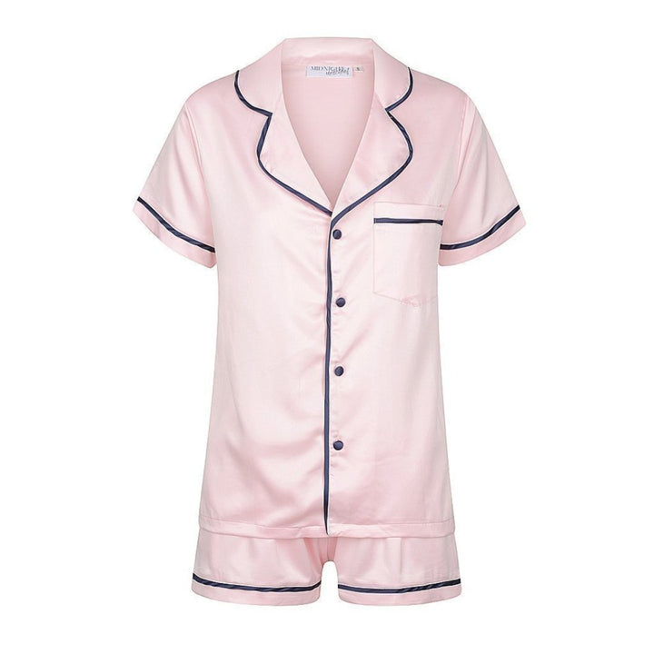 Kids Satin Personalised Pyjama Set - Short Sleeve Pink/Navy
