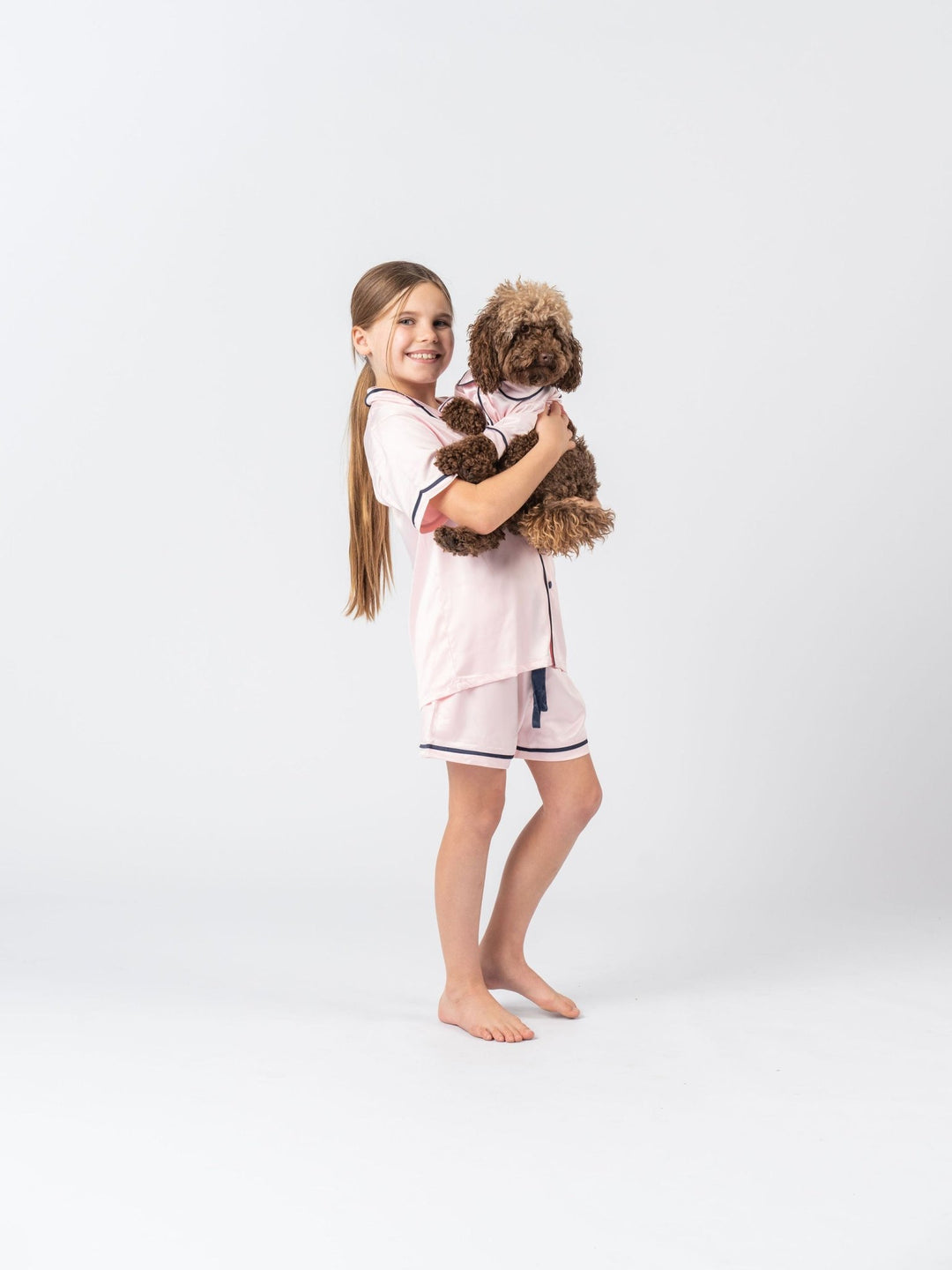 Kids Satin Personalised Pyjama Set - Short Sleeve Pink/Navy