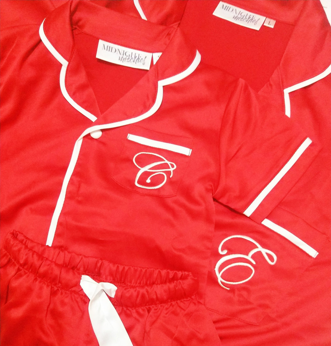 Kids Satin Personalised Pyjama Set - Short Sleeve Red/White