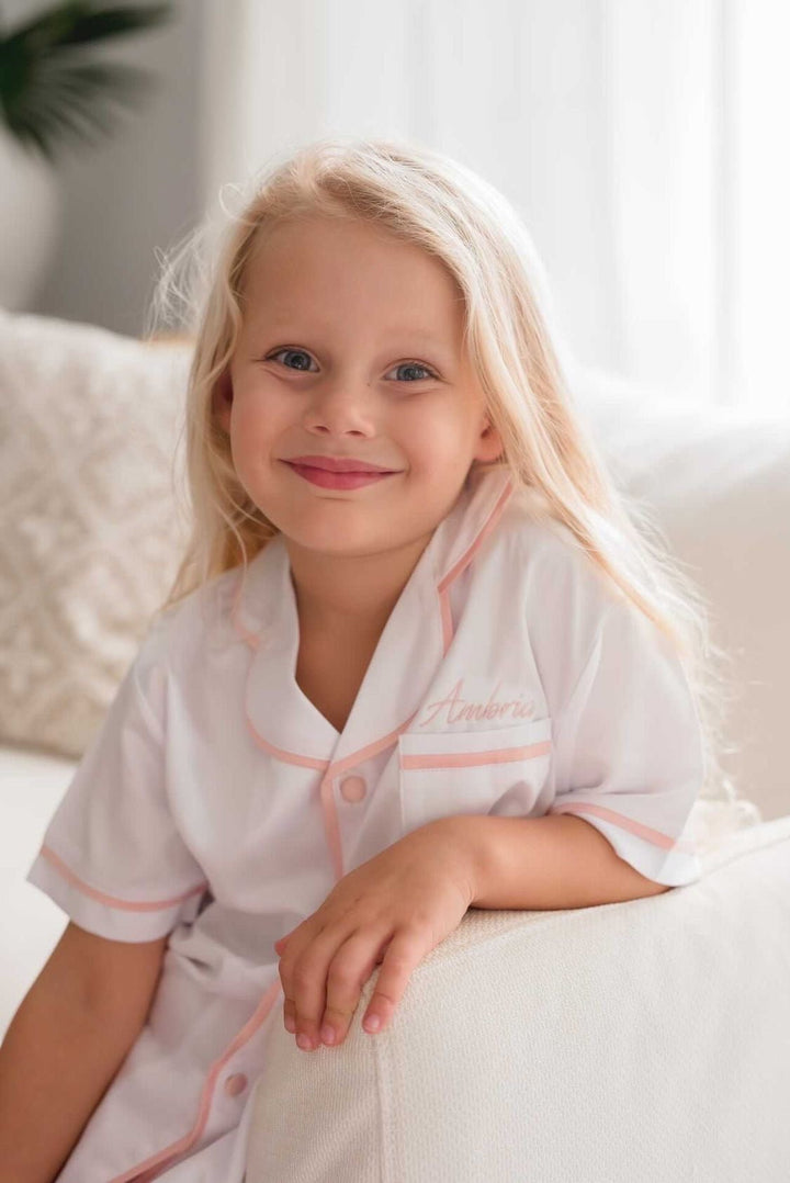 Kids Satin Personalised Pyjama Set - Short Sleeve White/Baby Pink