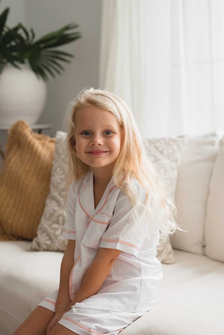 Kids Satin Personalised Pyjama Set - Short Sleeve White/Baby Pink