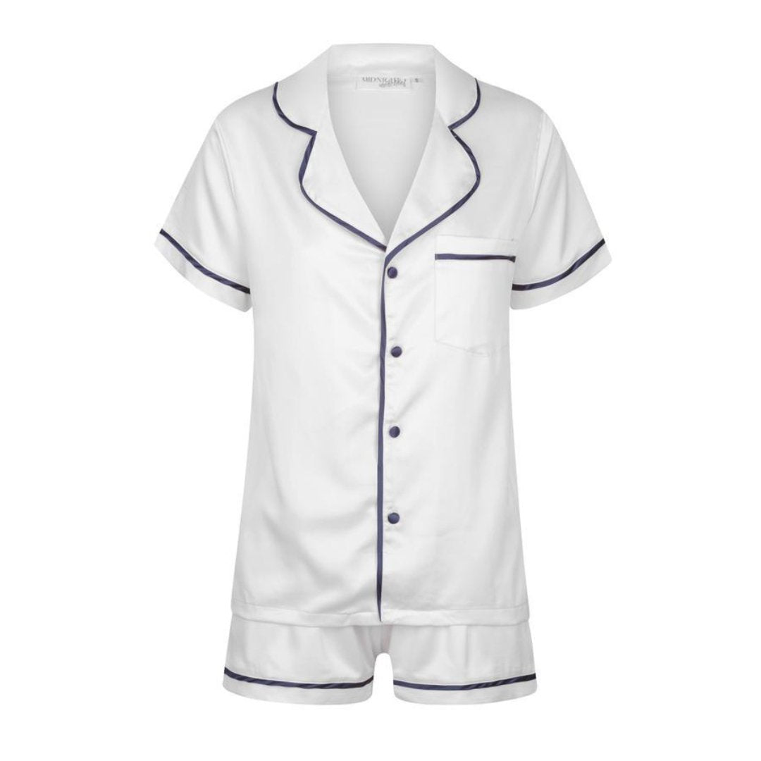 Kids Satin Personalised Pyjama Set - Short Sleeve White/Navy