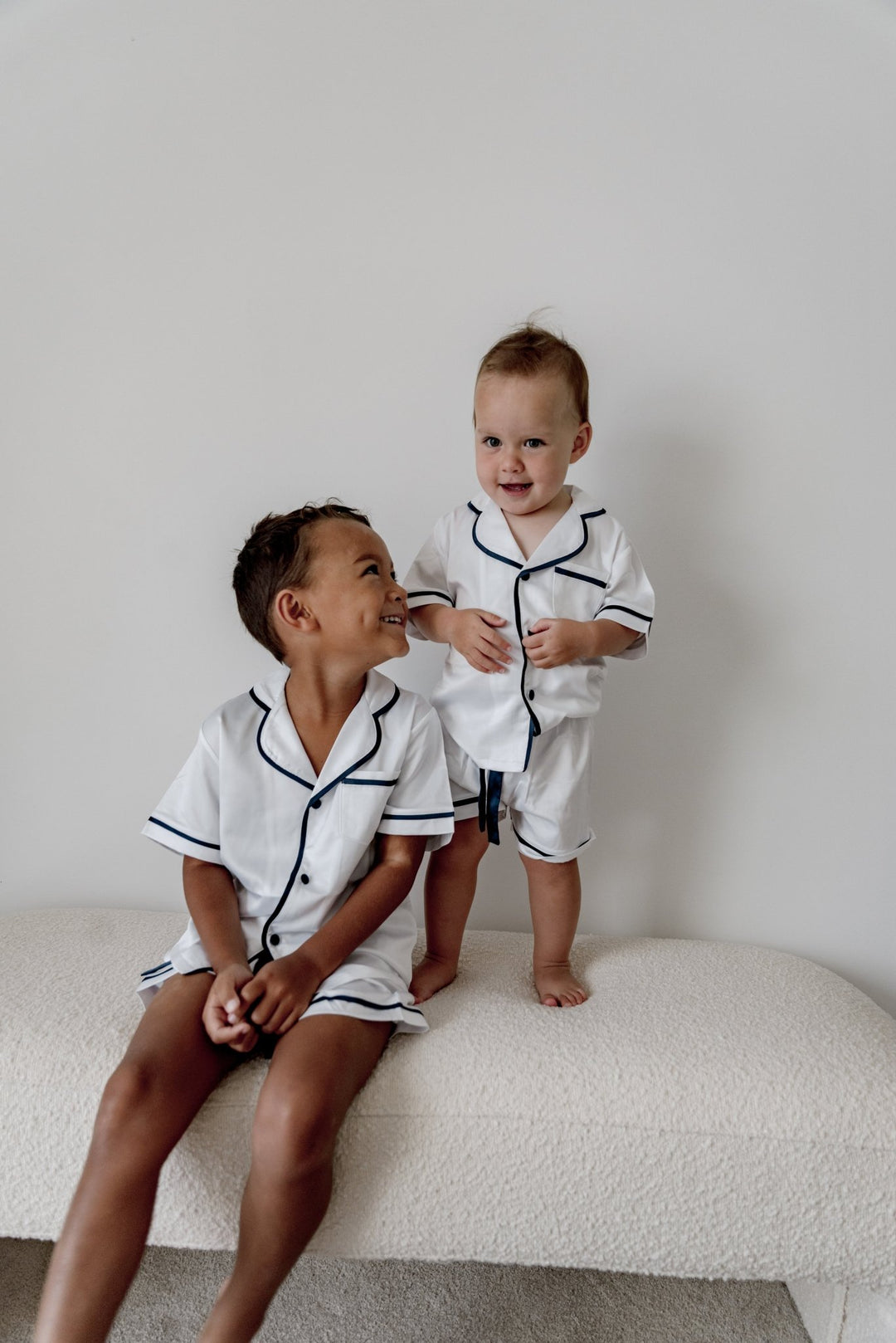 Kids Satin Personalised Pyjama Set - Short Sleeve White/Navy
