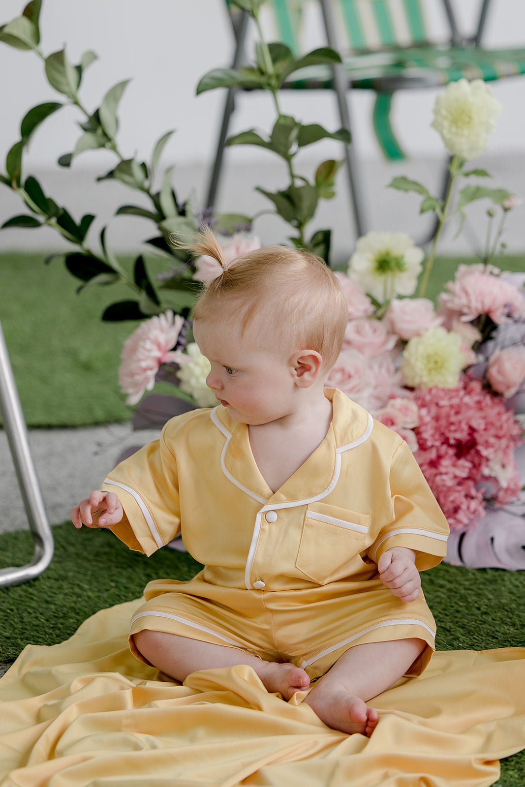 Kids Satin Personalised Pyjama Set - Short Sleeve Yellow/White