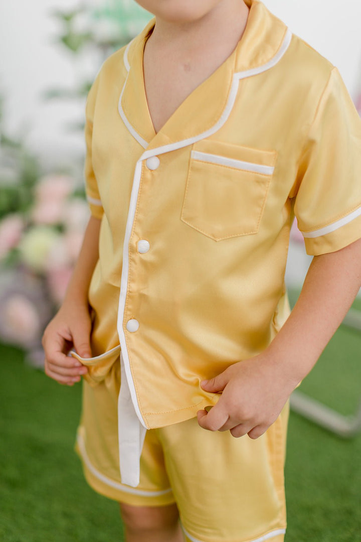 Kids Satin Personalised Pyjama Set - Short Sleeve Yellow/White