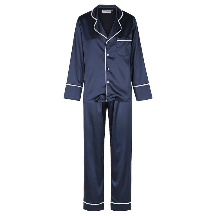 Kids Satin Personalised Pyjama Set - Long Sleeve with Long Pants Navy/White