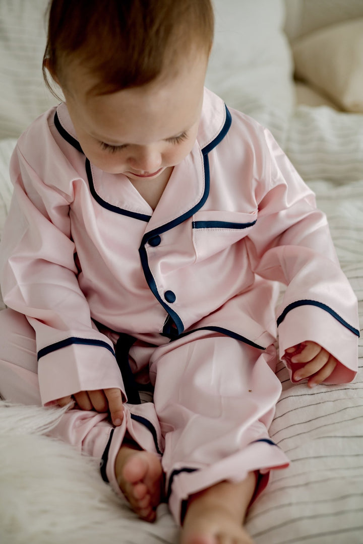 Kids Satin Personalised Pyjama Set - Long Sleeve with Long Pants Pink/Navy