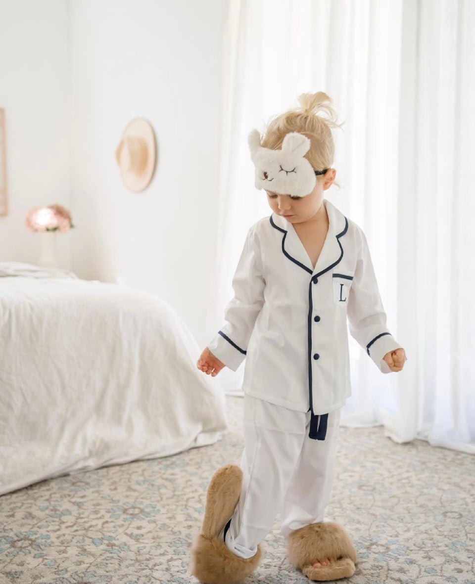Kids Satin Personalised Pyjama Set - Long Sleeve with Long Pants White/Navy (Faulty/Final Sale)