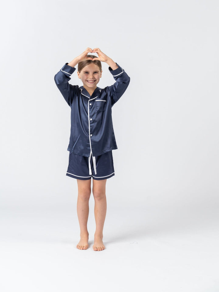 Kids Satin Personalised Pyjama Set - Long Sleeve with Shorts Navy/White