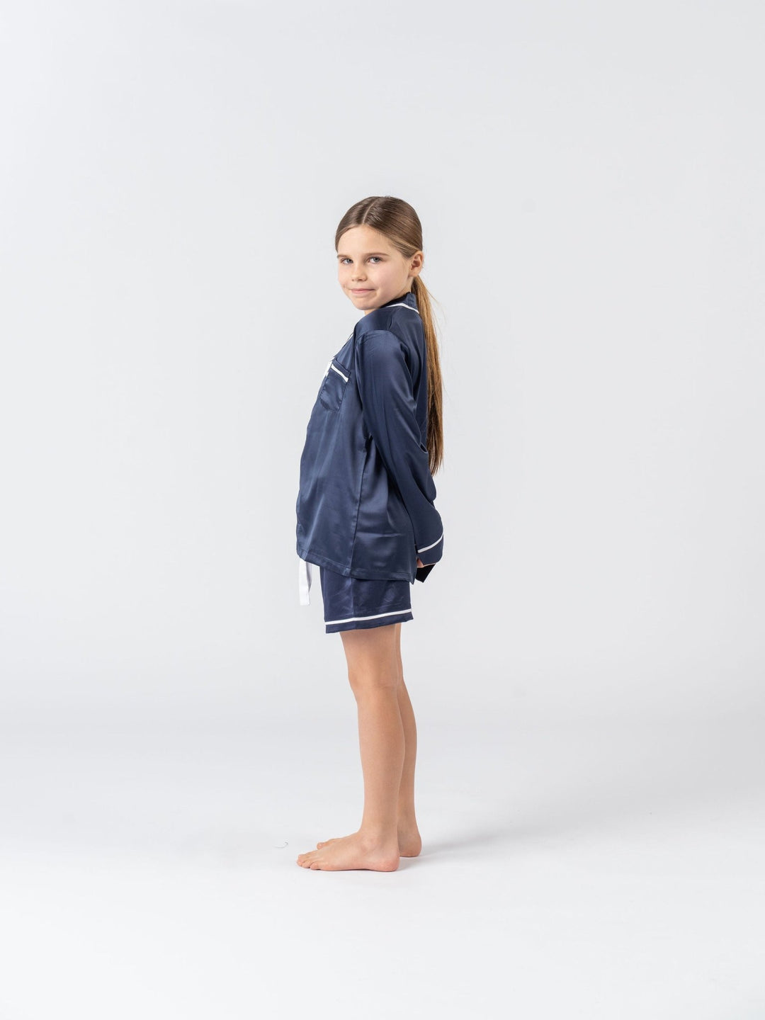 Kids Satin Personalised Pyjama Set - Long Sleeve with Shorts Navy/White
