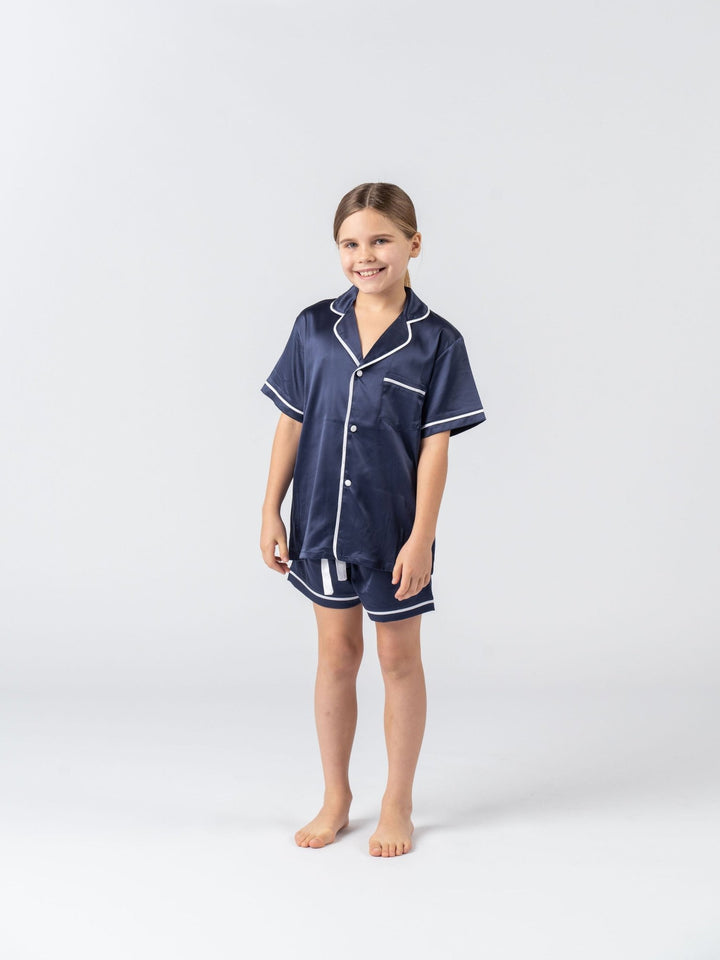 Kids Satin Personalised Pyjama Set - Short Sleeve Navy/White