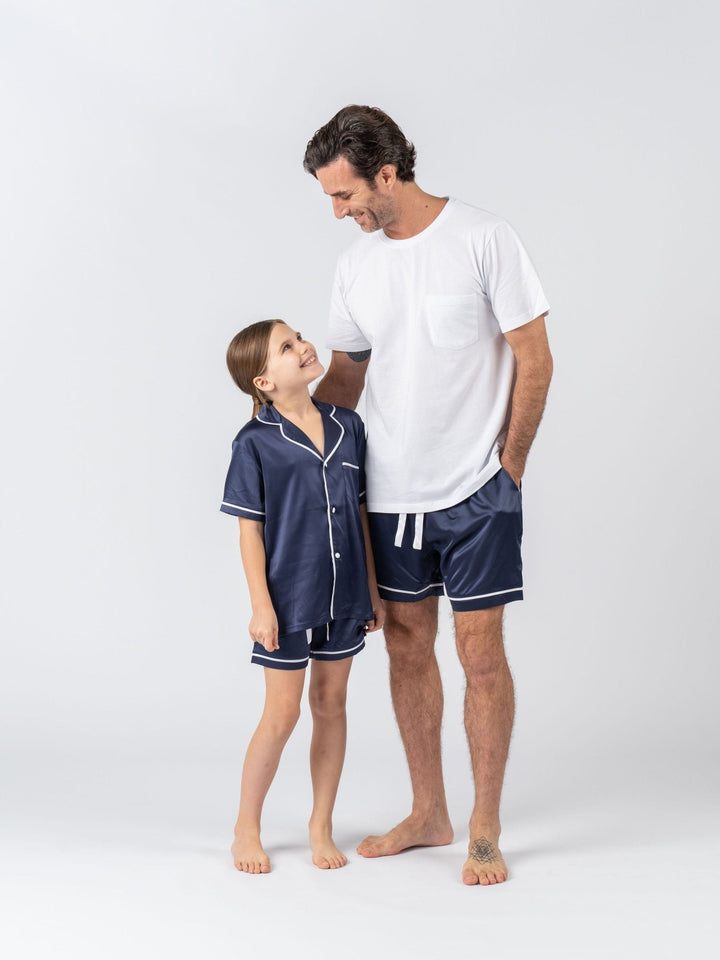 Kids Satin Personalised Pyjama Set - Short Sleeve Navy/White