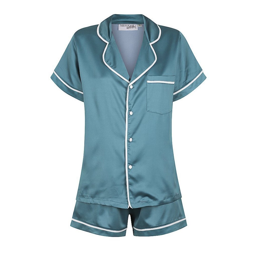Kids Satin Personalised Pyjama Set - Short Sleeve Teal/White
