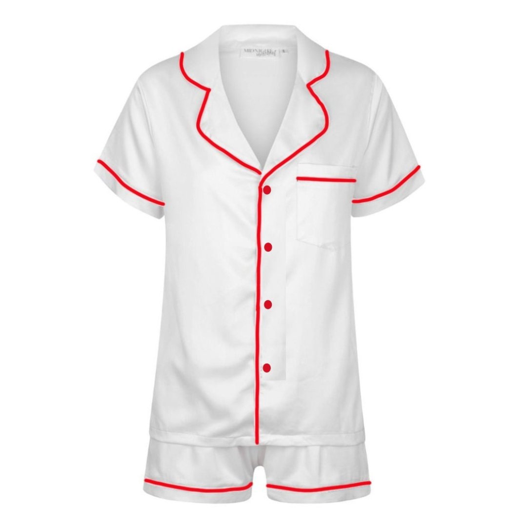 Kids Satin Personalised Pyjama Set - Short Sleeve White/Red