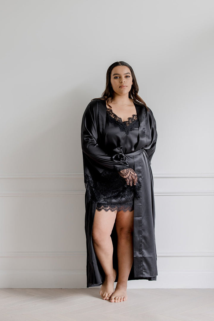 Satin Personalised Black Lace Long Robe - Black Lace Details