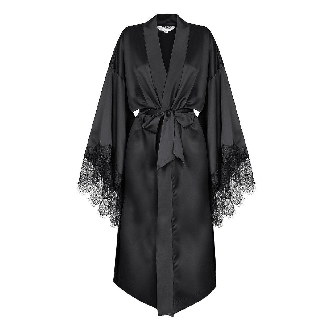 Satin Personalised Black Lace Long Robe - Black Lace Details