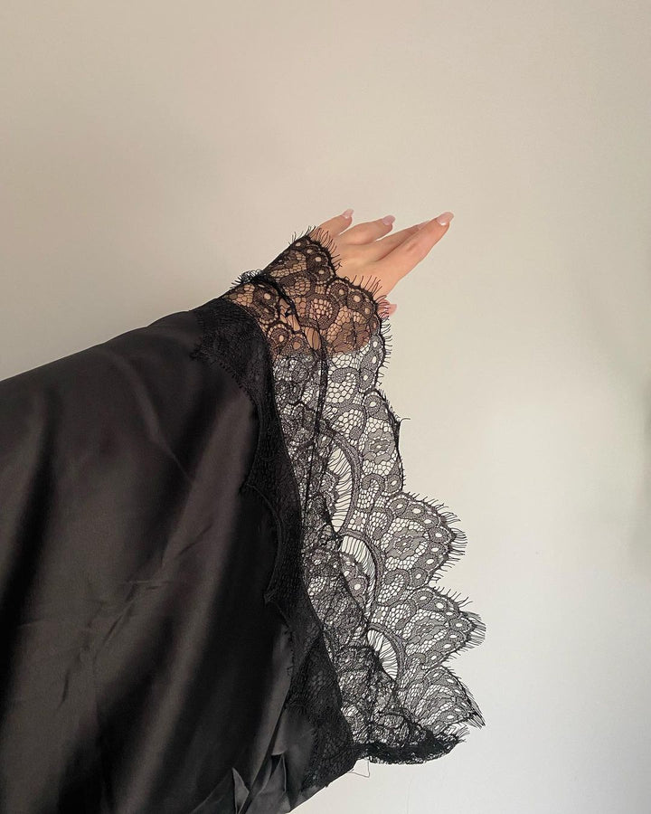 Satin Personalised Black Lace Long Robe - Black Lace Details