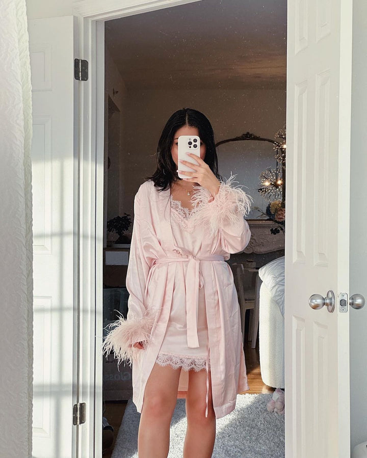 Pink Satin Feather Short Robe