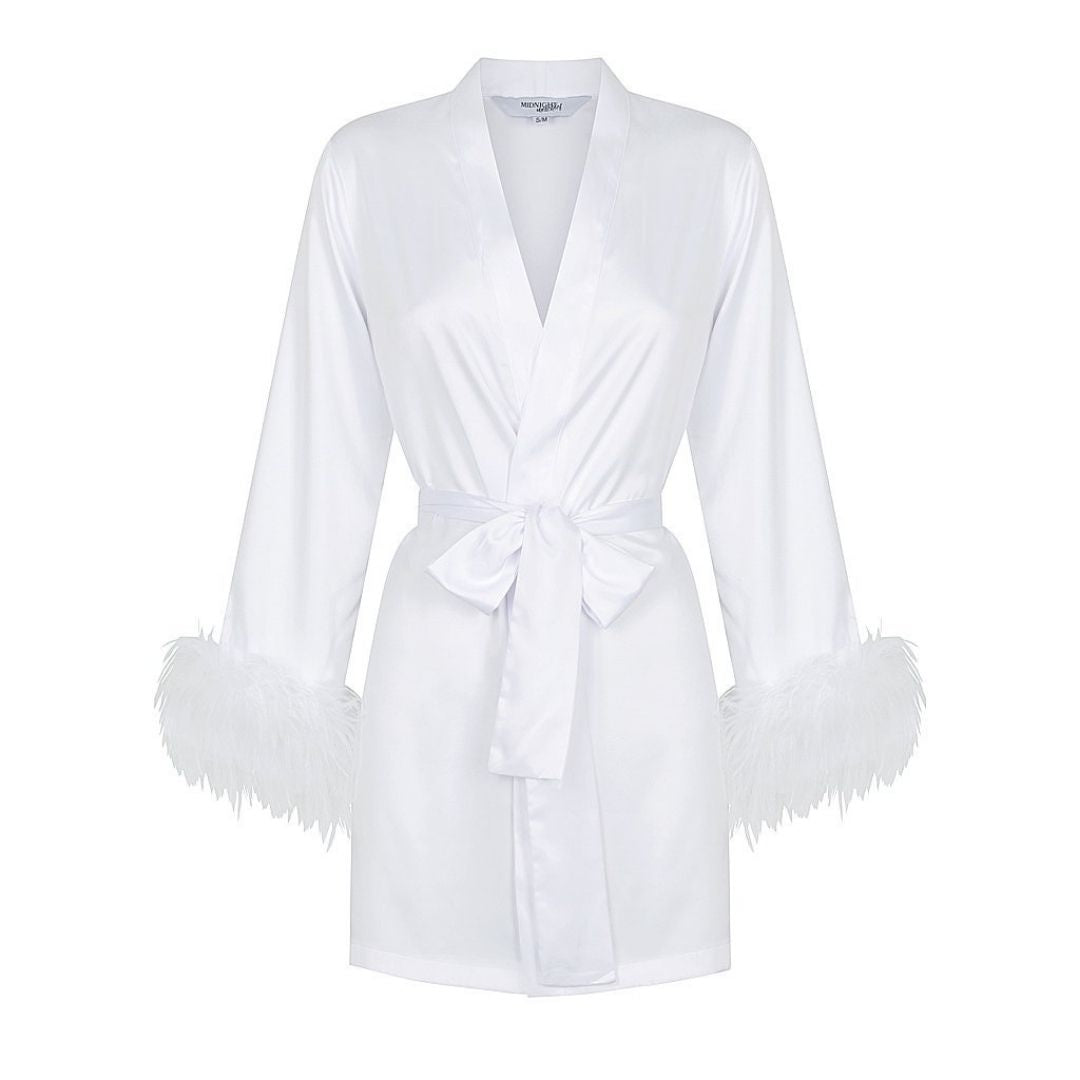 White Satin Feather Short Robe