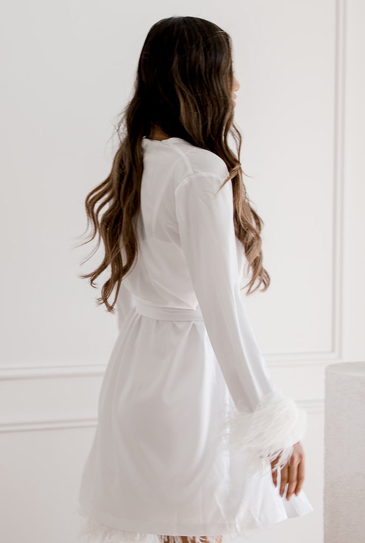 White Satin Feather Short Robe