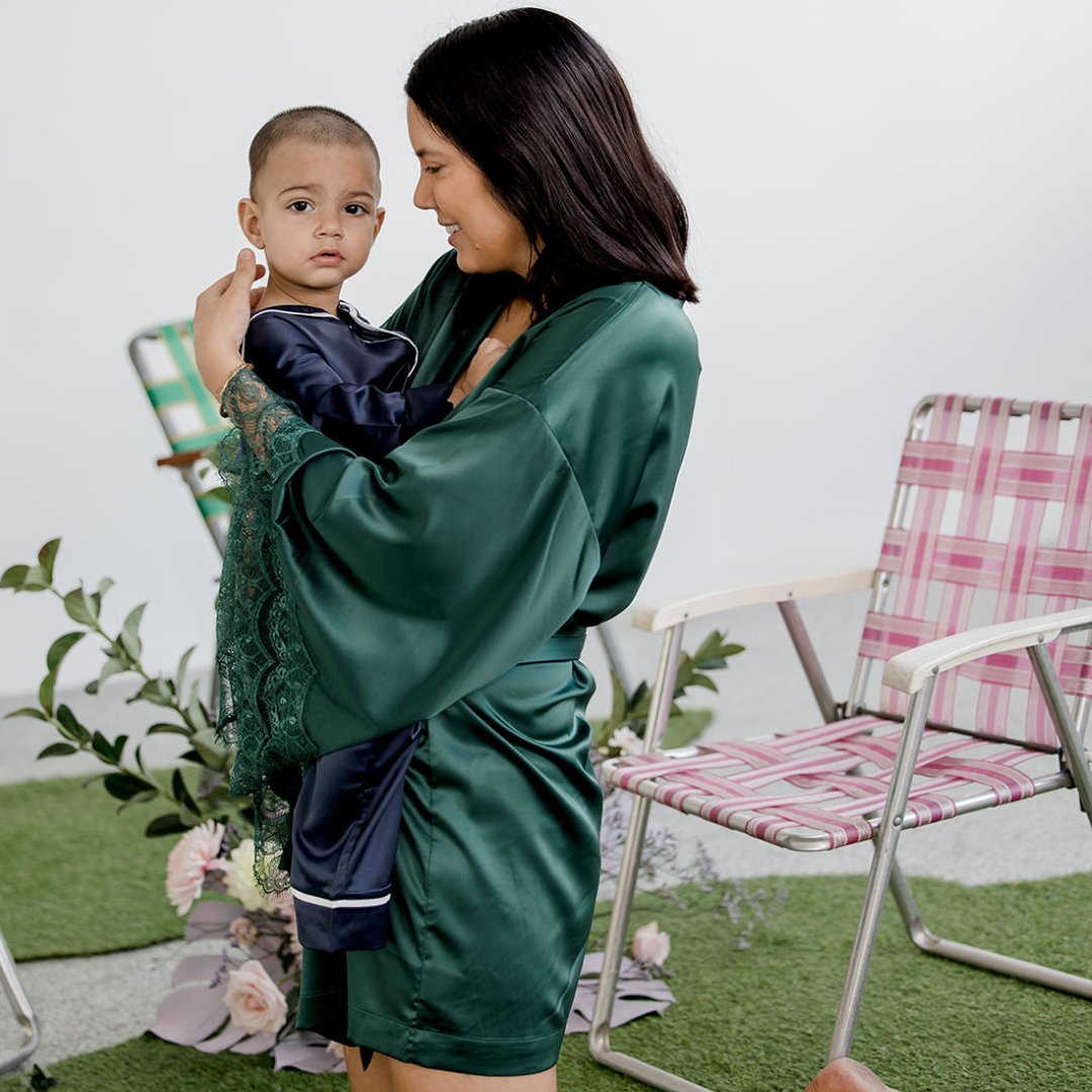 Satin Personalised Forest Green Lace Short Robe - Forest Green Lace Details