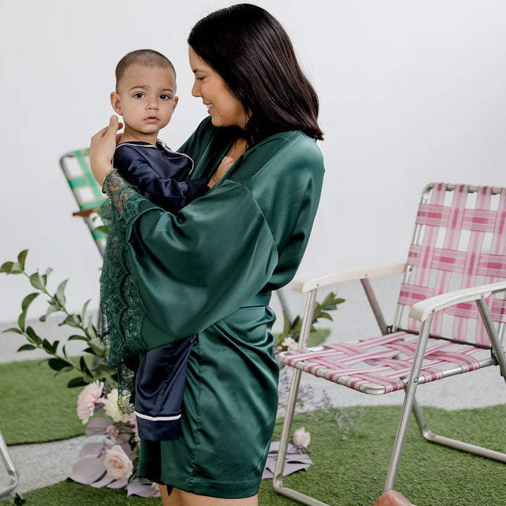 Satin Personalised Forest Green Lace Short Robe - Forest Green Lace Details