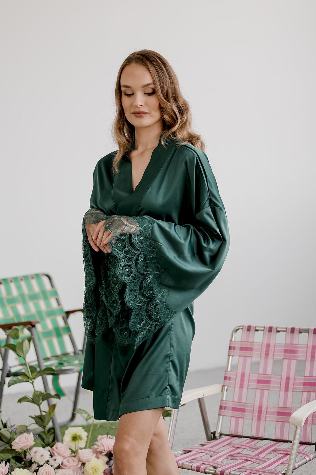 Satin Personalised Forest Green Lace Short Robe - Forest Green Lace Details