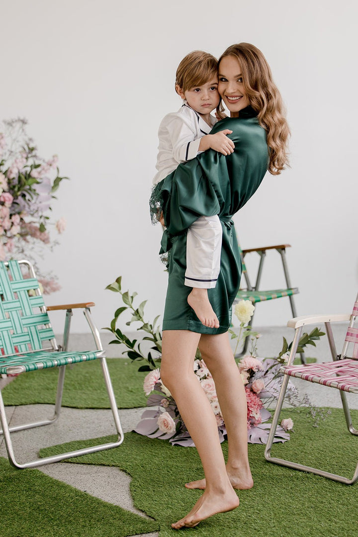 Satin Personalised Forest Green Lace Short Robe - Forest Green Lace Details