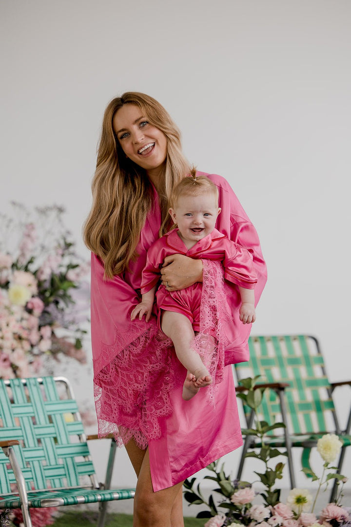 Satin Personalised Hot Pink Lace Short Robe - Hot Pink Lace Details