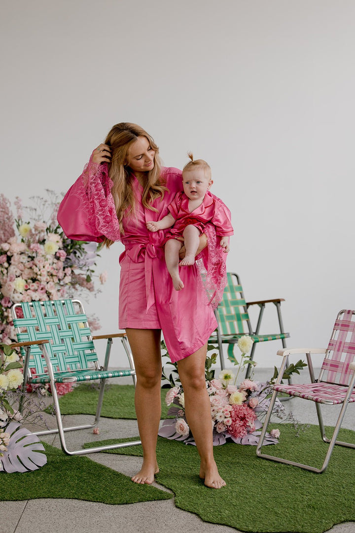Satin Personalised Hot Pink Lace Short Robe - Hot Pink Lace Details