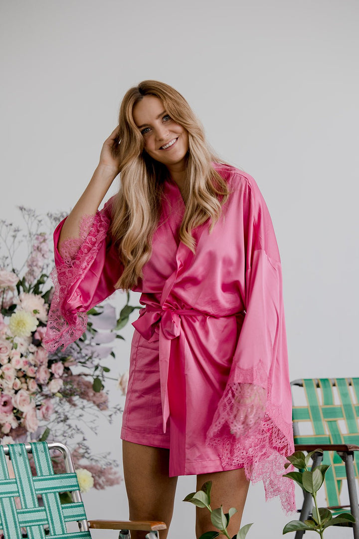 Satin Personalised Hot Pink Lace Short Robe - Hot Pink Lace Details