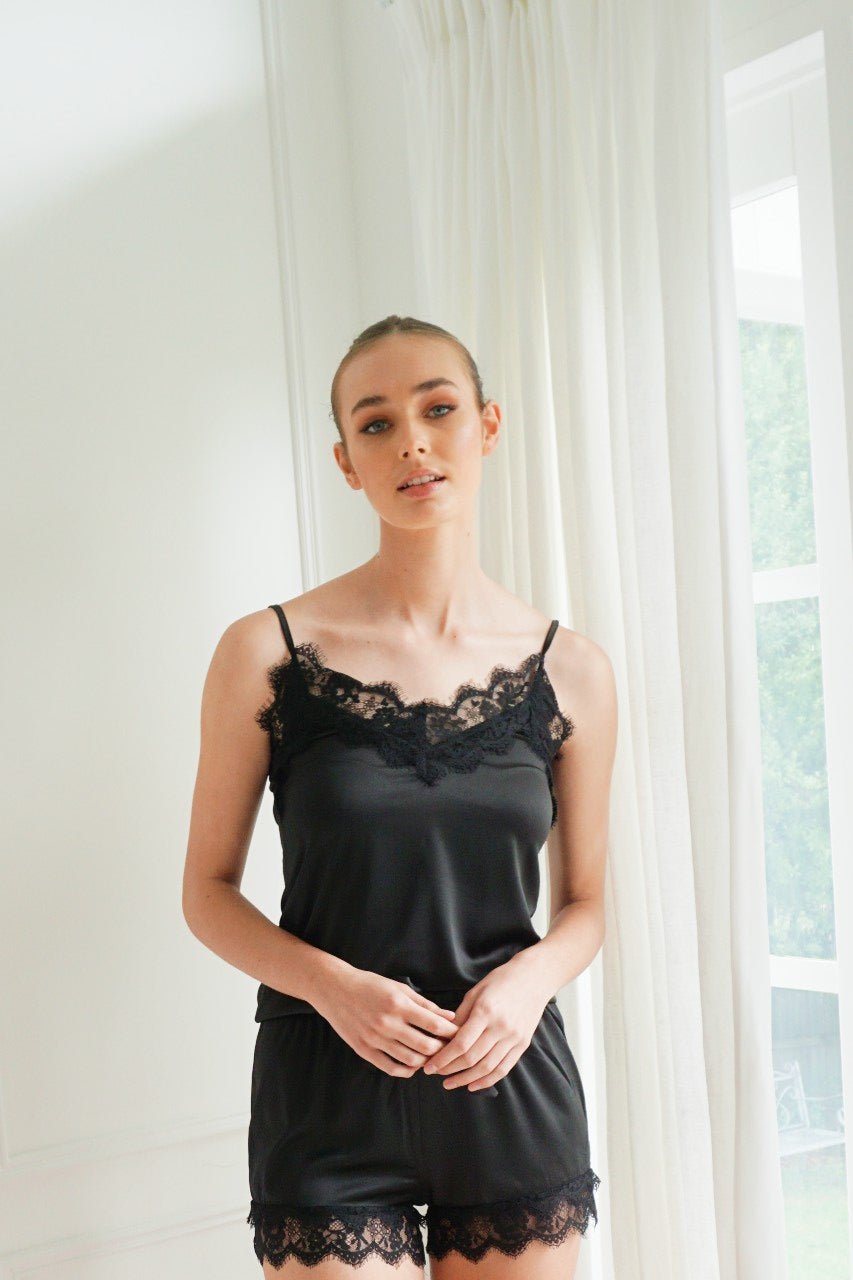 Satin Personalised Lace Camisole Set - Black