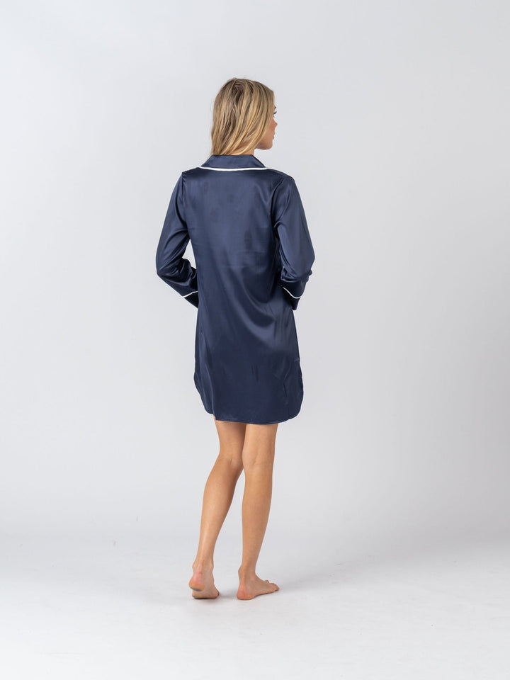 Satin Personalised Long Sleeve Boyfriend Shirt - Navy/White