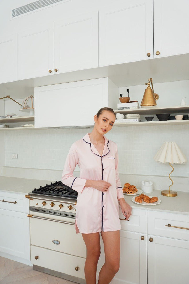 Satin Personalised Long Sleeve Boyfriend Shirt - Pink/Navy