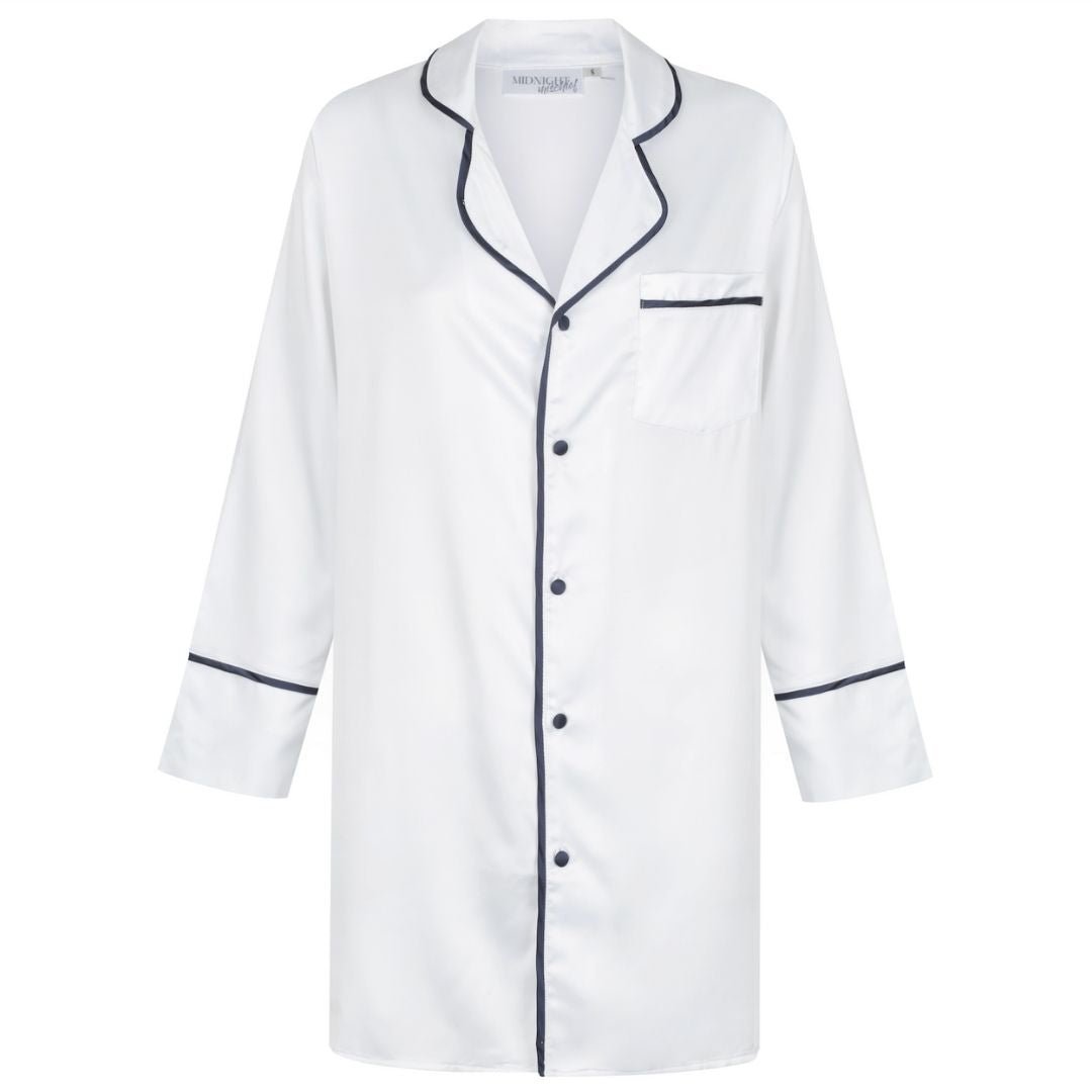 Satin Personalised Long Sleeve Boyfriend Shirt - White/Navy