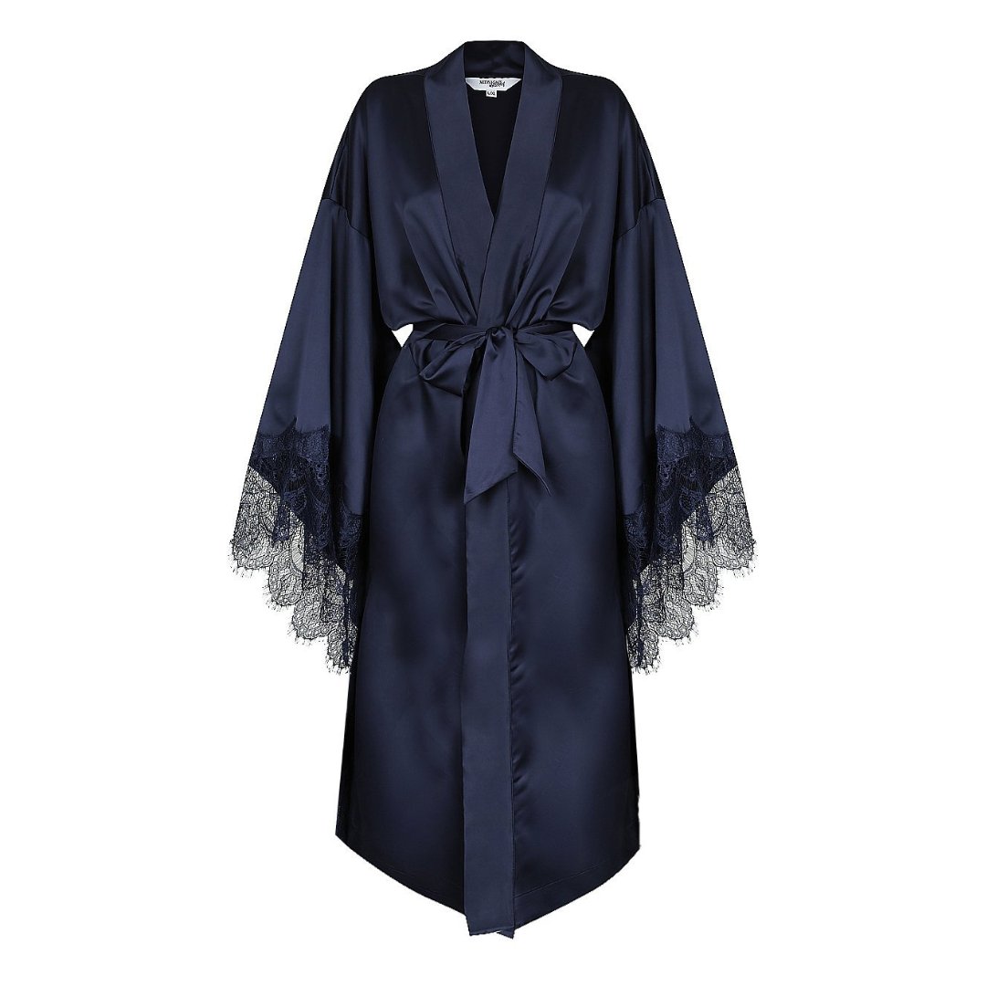 Satin Personalised Navy Lace Long Robe - Navy Lace Details