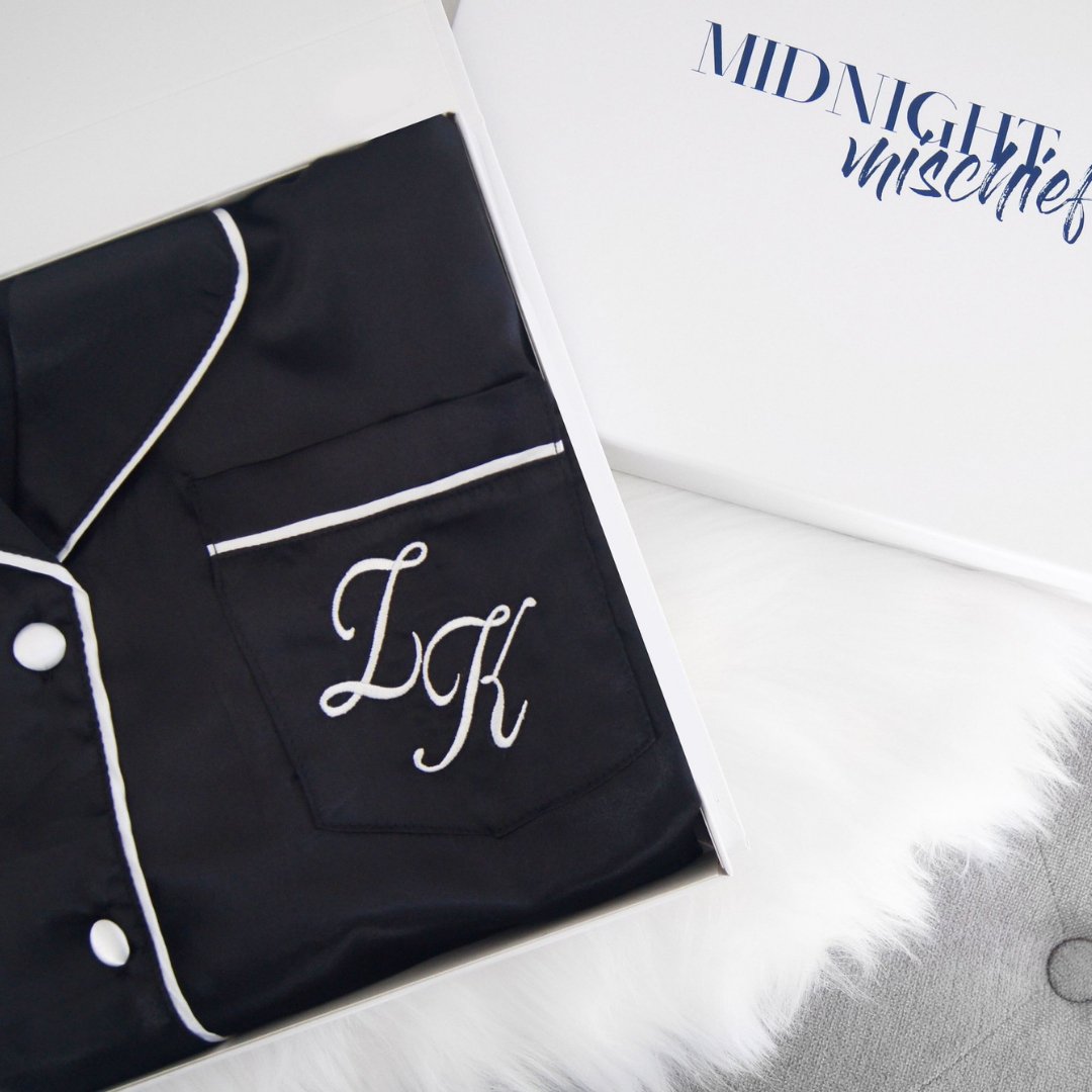 Satin Personalised Pyjama Set - Long Sleeve Black/White