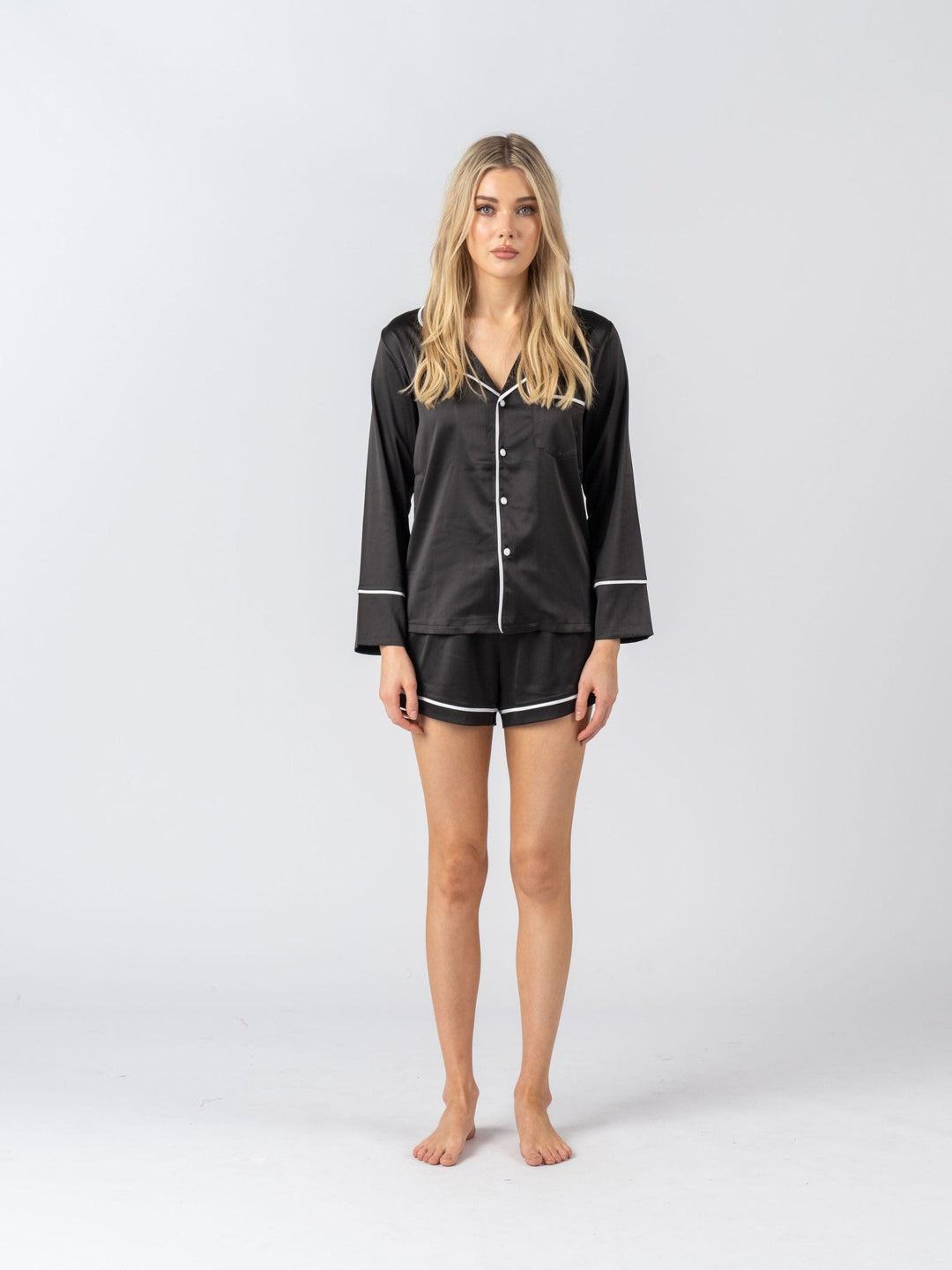 Satin Personalised Pyjama Set - Long Sleeve Black/White