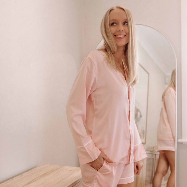 Satin Personalised Pyjama Set - Long Sleeve Bubble Gum Pink/White