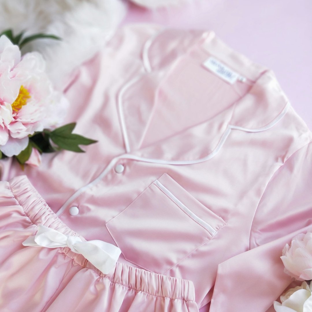 Satin Personalised Pyjama Set - Long Sleeve Bubble Gum Pink/White