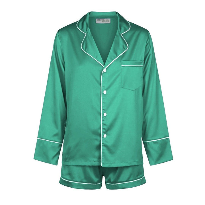 Satin Personalised Pyjama Set - Long Sleeve Emerald Green/White