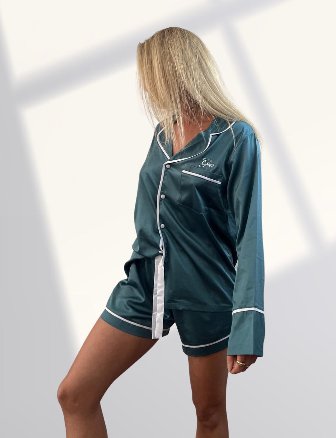 Satin Personalised Pyjama Set - Long Sleeve Teal/White