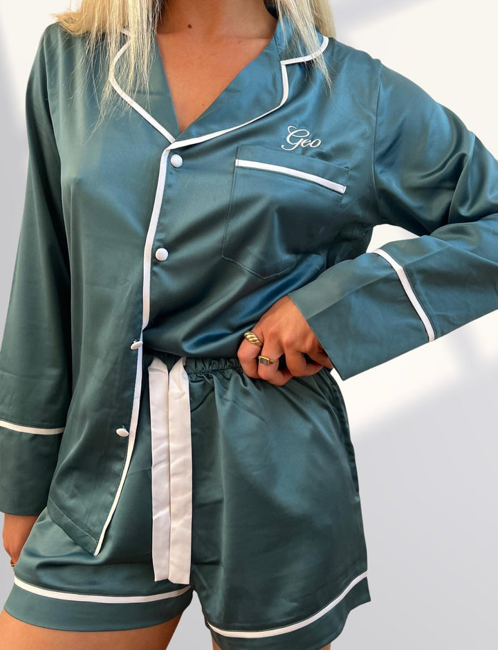 Satin Personalised Pyjama Set - Long Sleeve Teal/White