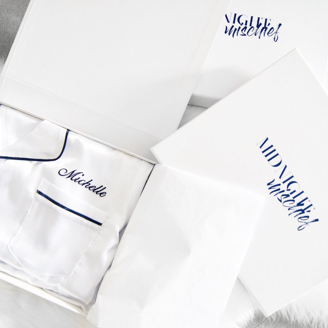 Satin Personalised Pyjama Set - Long Sleeve White/Navy (Faulty/Final Sale)