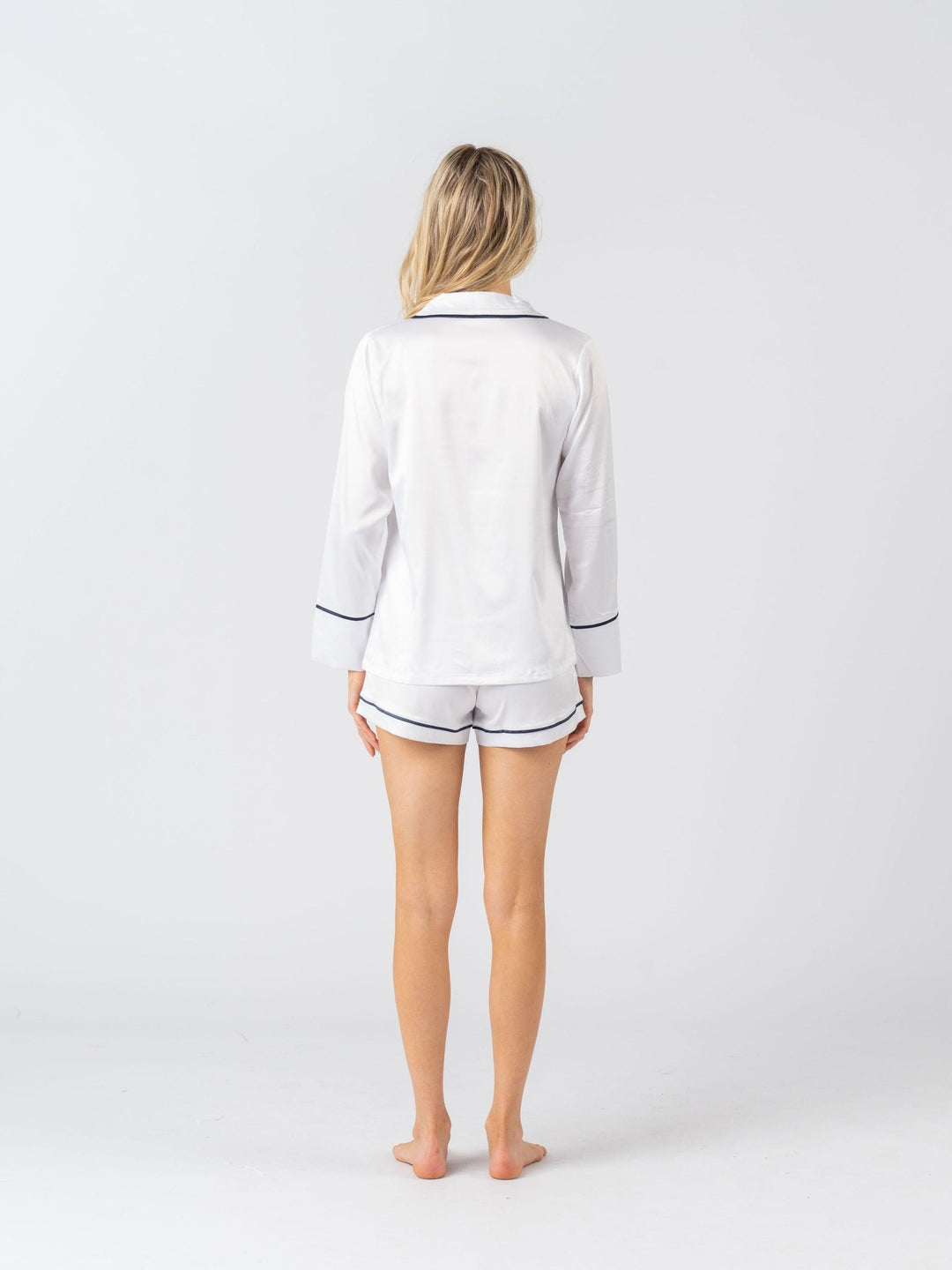 Satin Personalised Pyjama Set - Long Sleeve White/Navy (Faulty/Final Sale)