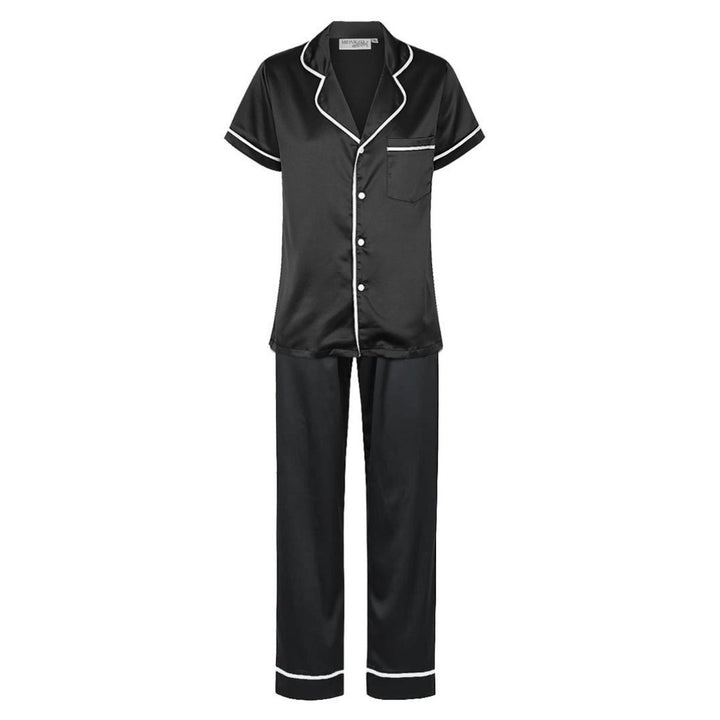 Satin Personalised Pyjama Set - Short Sleeve & Long Pants Black/White