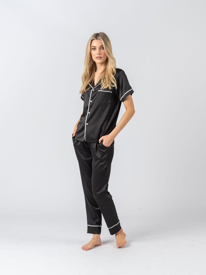 Satin Personalised Pyjama Set - Short Sleeve & Long Pants Black/White