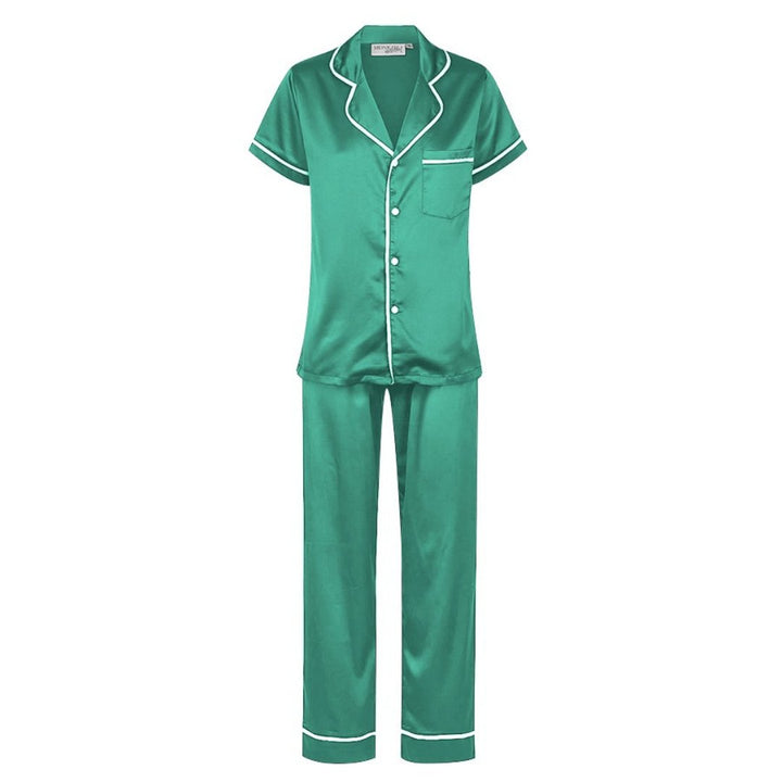 Satin Personalised Pyjama Set - Short Sleeve & Long Pants Emerald Green/White