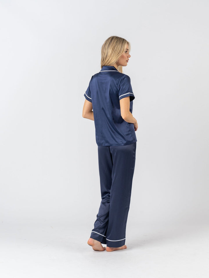 Satin Personalised Pyjama Set - Short Sleeve & Long Pants Navy/White